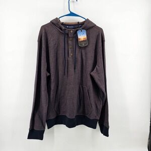 Cremieux Hoodie Large Brown Navy Gamekeeper Henley Birdseye Knit Button Pullover